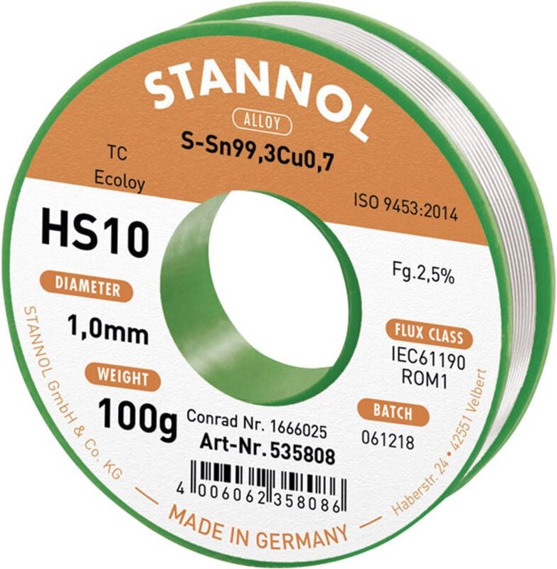Stannol - HS10 2,5% 1,0MM SN99,3CU0,7 cd 100G Lötzinn, bleifrei bleifrei, Spule Sn99,3Cu0,7 ROM1 100 g