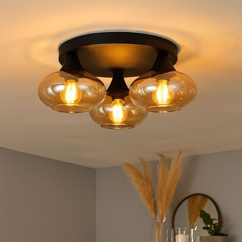 Deckenlampe schwarz Wohnzimmerlampe Deckenleuchte 3 flammig Flurleuchte, Glas amberfarben, 3x E14, DxH 39 x 15 cm