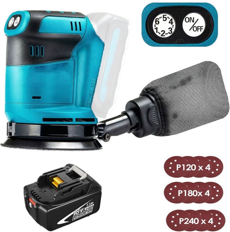 125-mm-Akku-Elektro-Exzenterschleifer, bürstenlos, 6 Geschwindigkeiten, schnell anzubringender Staubbeutel und 12 Schlei...