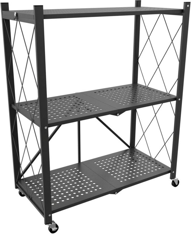 Smithers - Klappbares Regalwagen Platzsparend 72x90x33,5 cm, 3 Ablagen, Zusammenklappbar aus Schwarzem Metall