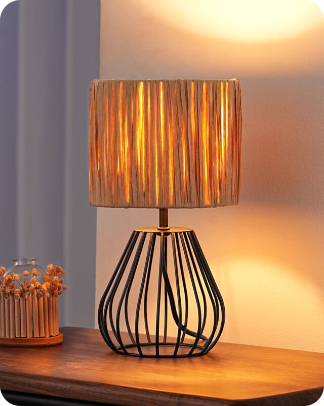 EDISHINE Tischlampe, Boho Tischleuchte mit gewebtem Papierseil-Schirm in, E14 Nachttischlampe, H29 cm, inkl. 4W LED-Leuc...