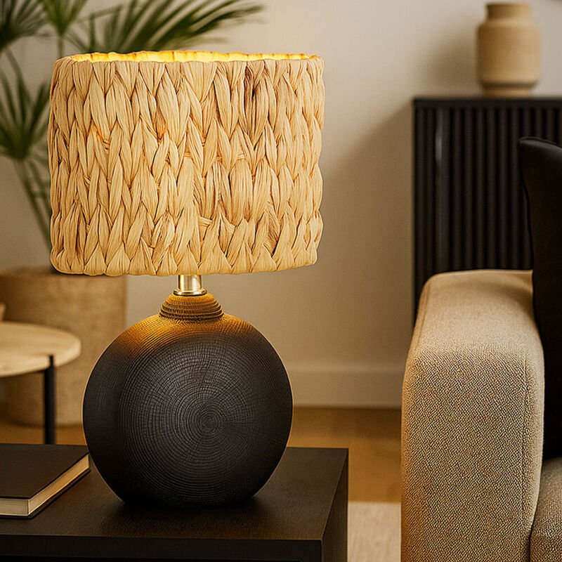 Fischer&honsel - Tischlampe hyazinthe Keramikfuß Schwarz mit Seegras Lampenschirm, Höhe 38,5cm