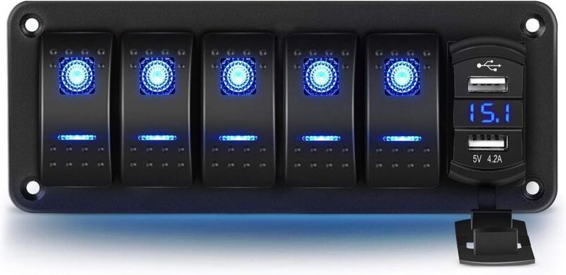 Panel de Interruptores de 5 Posiciones en Aluminio con Voltímetro y Doble Puerto USB (4.2A), Carga Rápida, Retroiluminac...