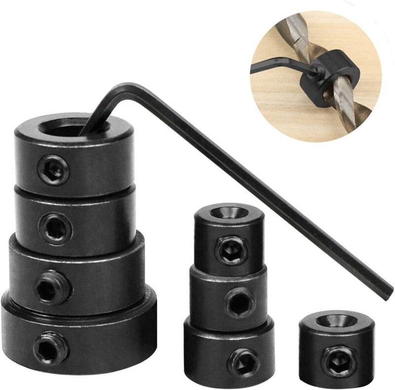 8-teiliger Bohrtiefenstopp 3–16 mm, einstellbare Bohrtiefenmanschetten mit Sechskantschlüssel zur Begrenzung der Bohrtie...