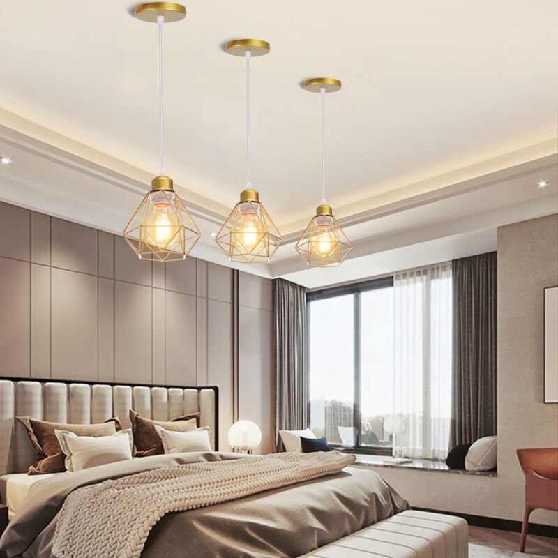 3er Pendelleuchte, Kronleuchter im Industri Stil, Antik Hängelampe mit Ø16cm Mini Diamant-Form Käfig E27 Halter für Wohn...