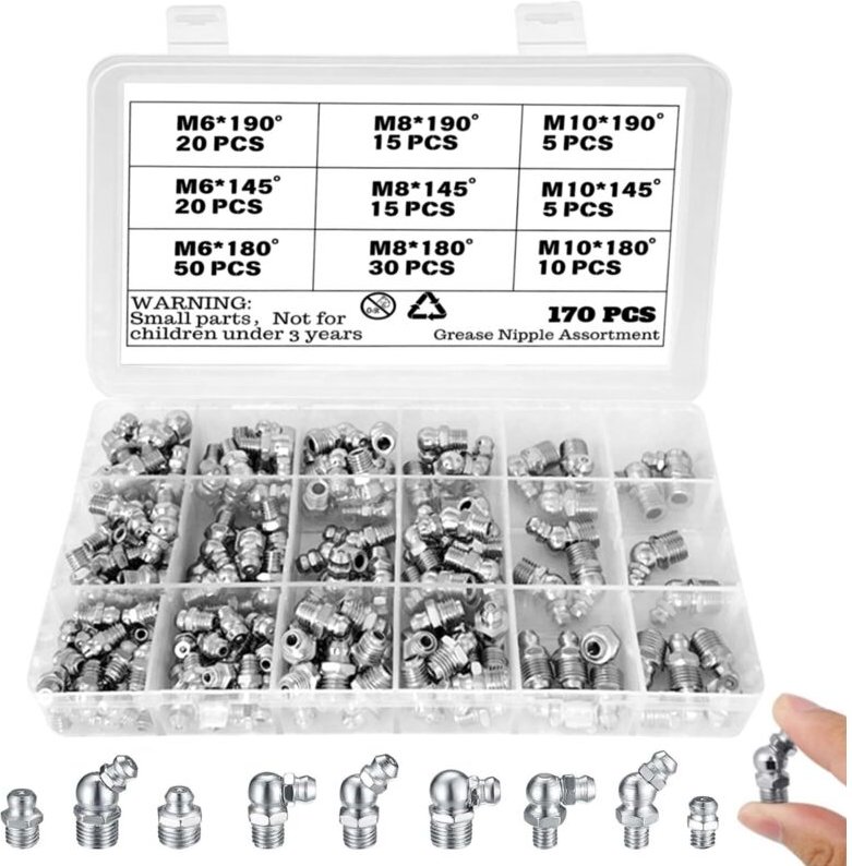 170-teiliger Einschraub-Schmiernippel, Sortiment mit metrischen Schmiernippeln M6 M8 M10, Schmiernippeln, geraden und ab...