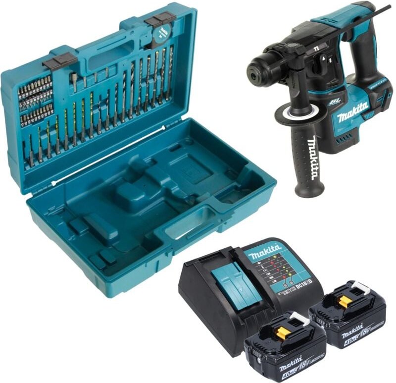 Makita DHR 171 SMX3 Akku Bohrhammer 18 V 1,2 J SDS-Plus Brushless + 2x Akku 4,0 Ah + Ladegerät + 65 tlg. Zubehör Set + K...