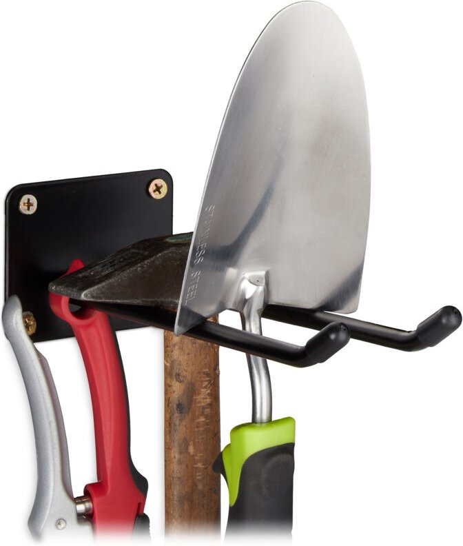 9 x Gerätehalter Wandhalterung, Doppelhaken, Besenhalter, Spatenhalter zum Anschrauben, Wand, Stahl, 24cm, schwarz