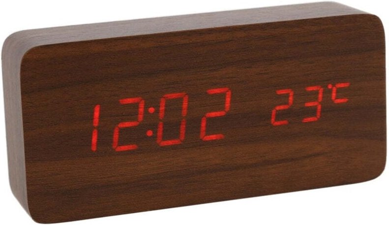 Digitaler led wecker mit holzdesign - braun rot