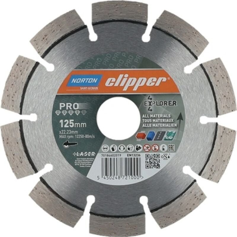 Diamanttrennscheibe 4x4 Explorer D.125mm Bohr.22,23mm 2,2mm 10mm NORTON CLIPPER 70184602019