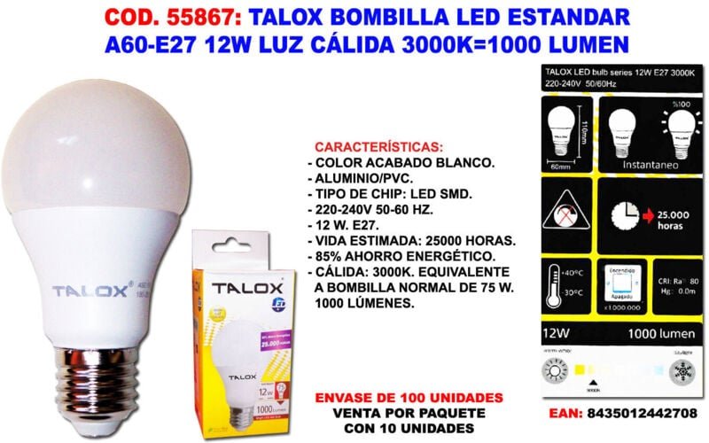 TALOX LED-Glühbirne Standard A60 E27 12W warmes Licht 3000K 1000 Lumen