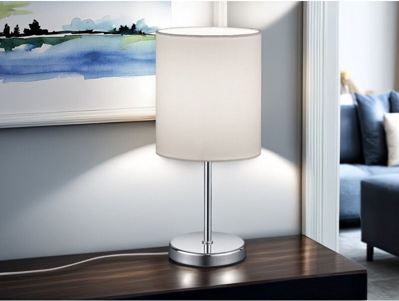 Led Tischleuchte Chrom mit Stoffschirm in Weiß, Höhe 28cm