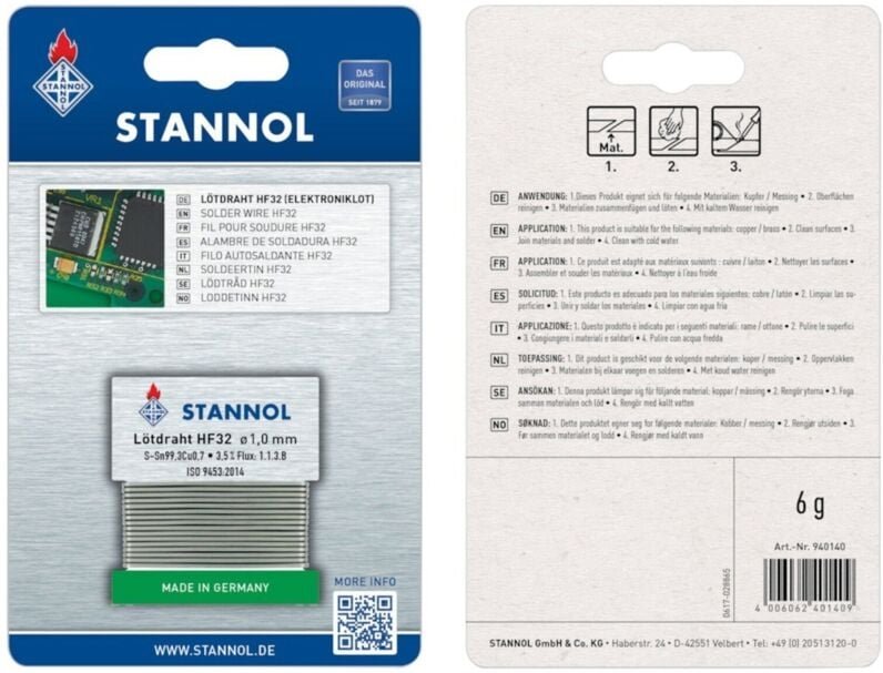 Stannol - Elektroniklot Lötdraht hf 32 ø 1,0mm Wickel S-Sn99,3Cu0,7