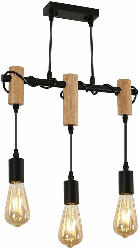 COMELY Hängeleuchte aus Rustikale schwarzem Holz mit drei Leuchtenköpfen für E27-Fassungen - ohne Leuchtmittel