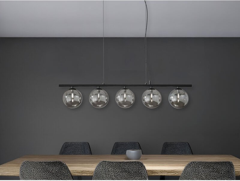 LED Pendelleuchte 5-flammig Schwarz-Glaskugeln Rauchglas, Breite 100cm