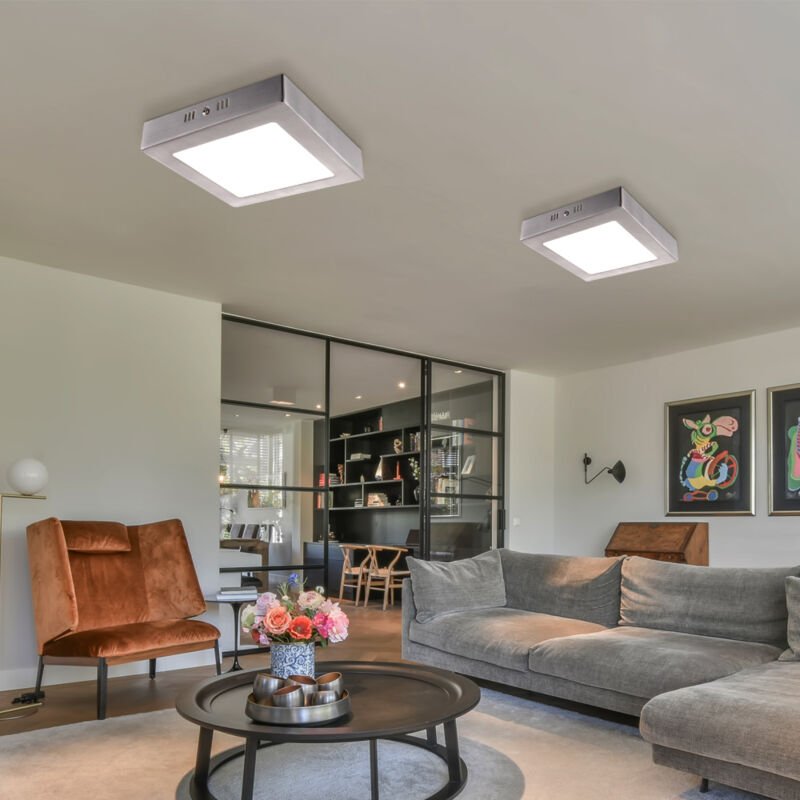 Thumbnail - Deckenleuchte quadratisch LED Flurlampe silber Deckenlampe Wohnzimmer, Glas satiniert, 6W 400lm warmweiß, LxBxH 12x12x4 ...