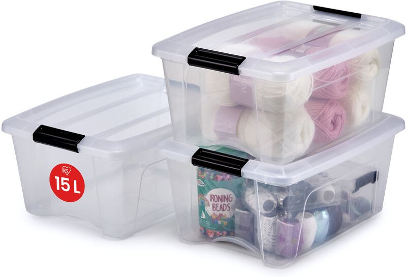 Aufbewahrungsboxen mit Deckel, 15L, 3er-Set, Transparent, Sicherer Verschluss, Stapelbar, Griffe, Schlafzimmer, Schrank,...