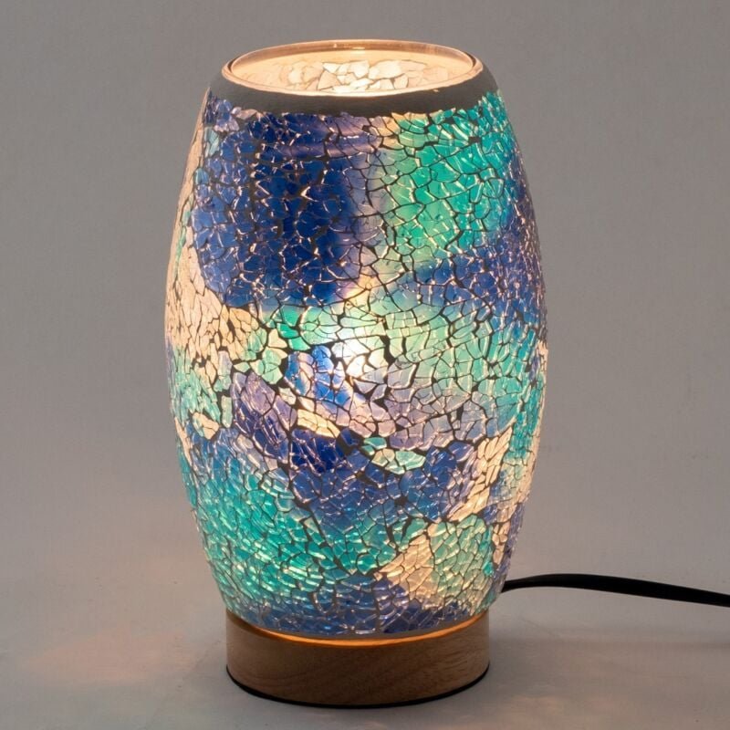 Thumbnail - Indische blaue Mosaik-Tischlampe aus Glas und Holz