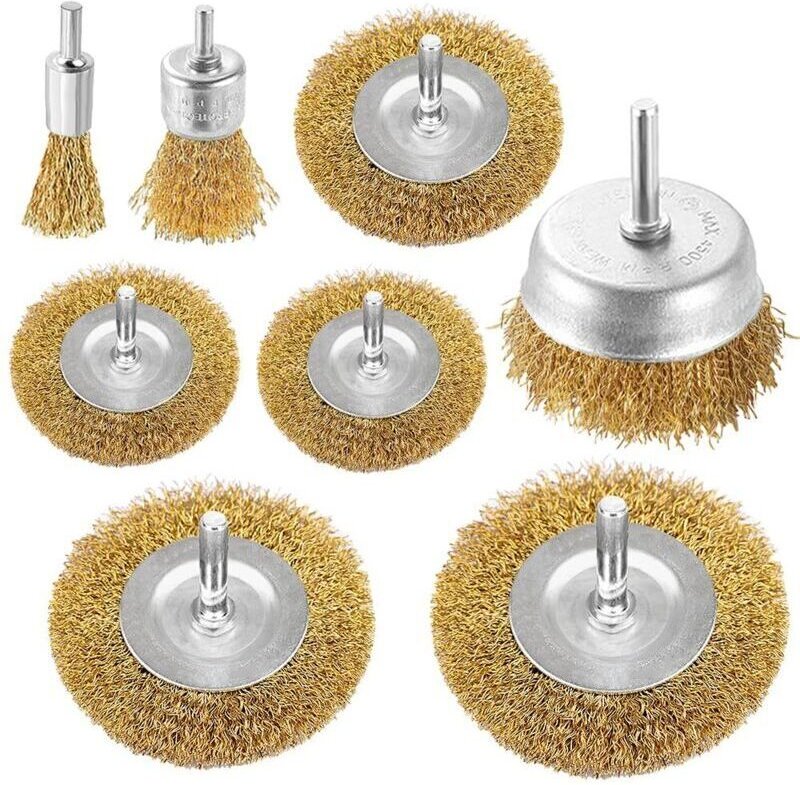 Set aus 8 Metall-Topfbürsten für Bohrmaschinen, mit Messingbeschichtung, 6,35 mm Schaft zum Reinigen von Rost, Spänen un...