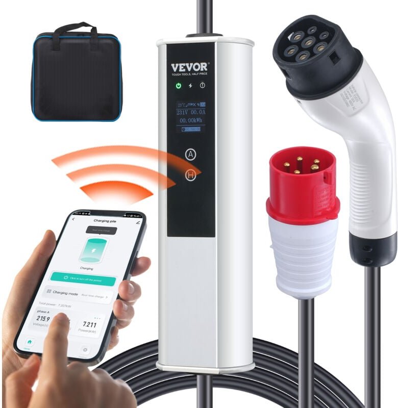 Portable EV-Ladegerät Typ 2, 16A 3,68 kW/11 kW. Kommt mit 7,5 m Ladekabel, cee 16 Stecker, LCD-Anzeige. iec 62196 Home E...