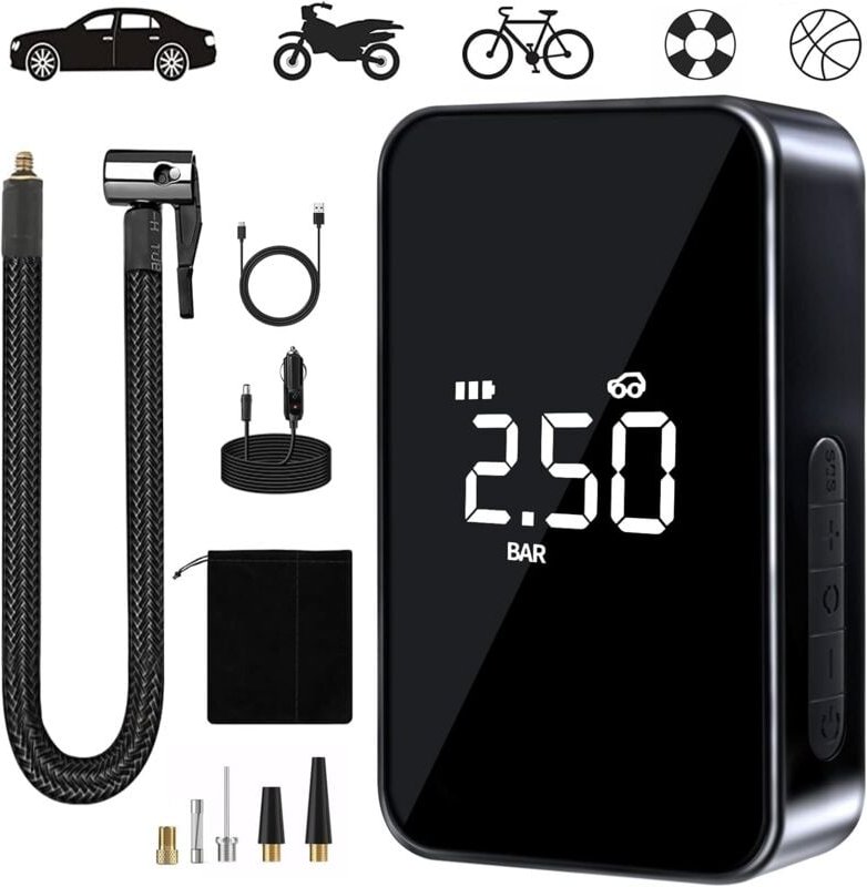 Thumbnail - Tragbarer Luftkompressor, 6000 mAh Mini-Elektro-Luftpumpe, 150 psi elektrische Fahrradpumpe, Kompressor mit LED-Licht-Di...