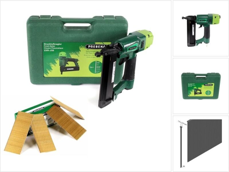 2XR-J50 Druckluftnagler im Transportkoffer + Stauchkopfnägel Brads 50 mm 4000 Stück - aus verzinktem Stahl, geharzt - Pr...