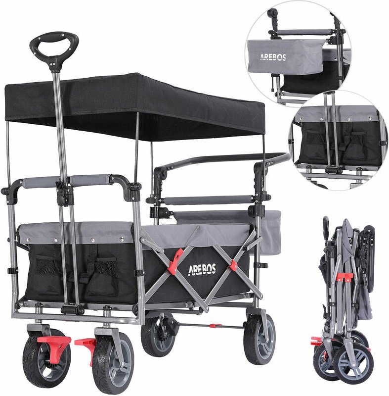 Arebos - Bollerwagen Premium faltbar mit Dach Handwagen Faltwagen Transportwagen klappbar bis 100 kg Tragkraft Vorder un...
