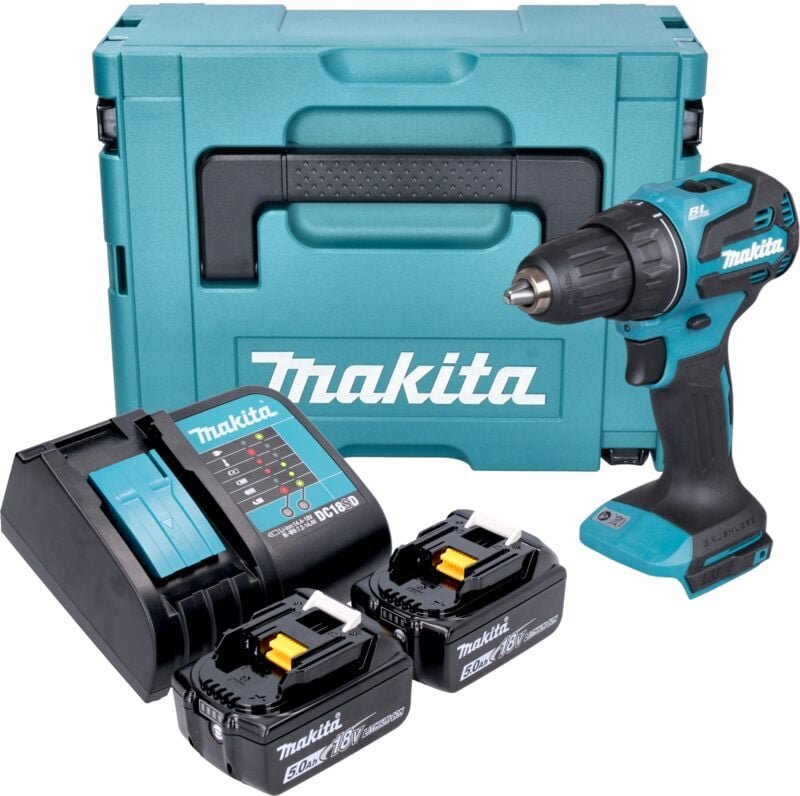 Makita DDF 490 STJ Akku Bohrschrauber 18 V 65 Nm 1/2" Brushless + 2x Akku 5,0 Ah + Ladegerät + Makpac