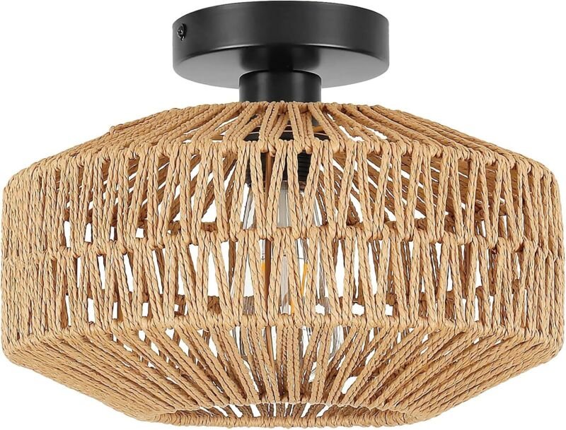 Rattan-Pendelleuchte, Boho-Stil, gewebter Retro-Deckenschirm E27, handgefertigter dekorativer Lampenschirm für Wohnzimme...