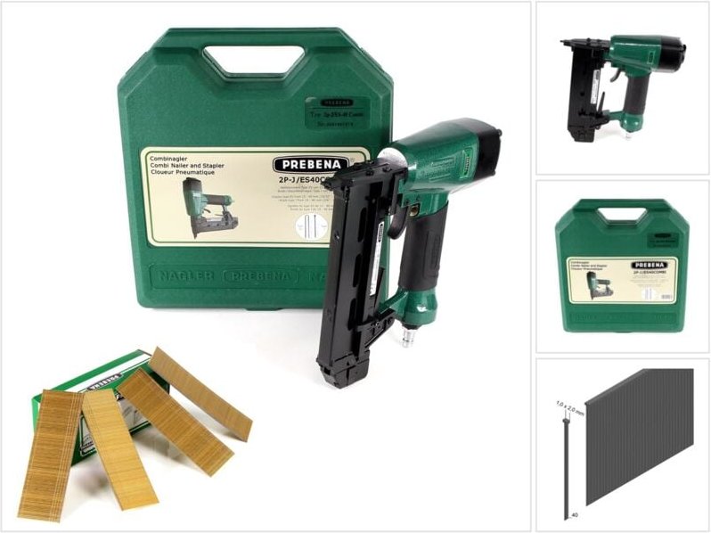 Prebena Druckluftnagler 2P-J/ES 40 COMBI 5 bis 7 Bar - im Transportkoffer + Prebena J 40 CNKHA Stauchkopfnägel Brads 40 ...