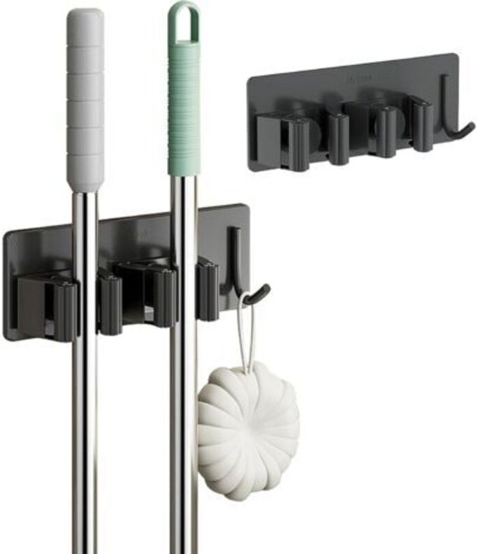 Besenhalter aus Edelstahl, Wandmontage ohne Bohren, 2-facher Besenhalter mit 1 Haken für Küche, Bad, Garten, Garage, 2-t...