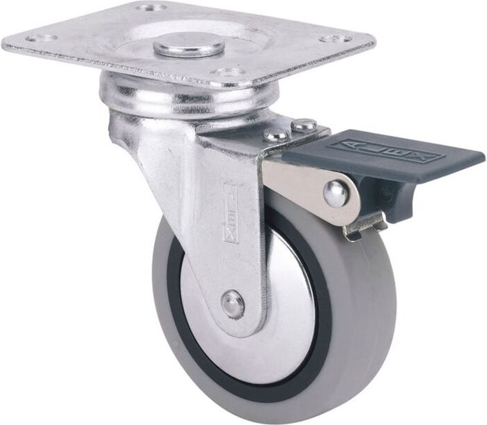 Gummi-Lenkrolle mit Platte, Feststeller und glatter Achse, grau, max. Tragkraft 17 kg, ø 4 cm
