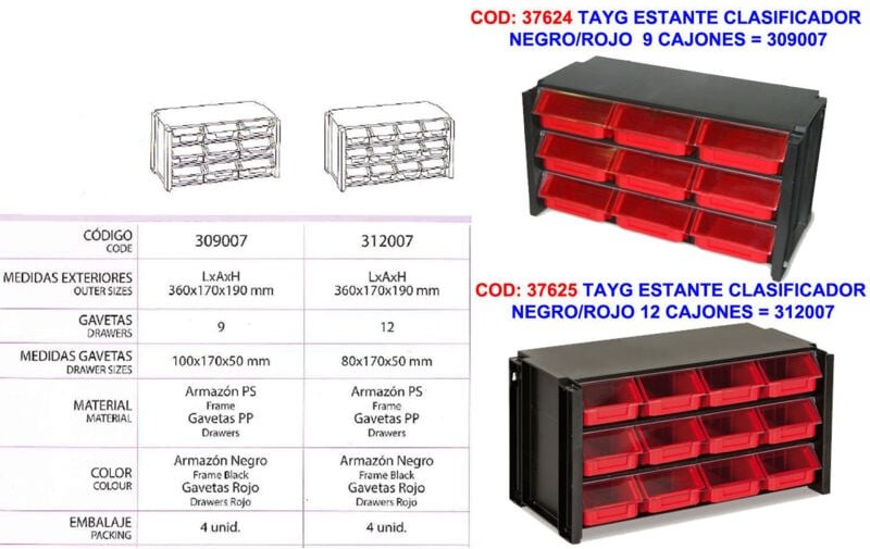 Schwarz/rotes Sortierregal mit 9 Schubladen tayg 309007