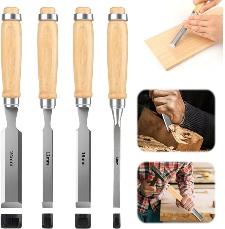 4-teiliges Stechbeitel-Set aus Holz – Stechbeitel-Set aus gehärtetem Kohlenstoffstahl mit Holzgriff – Holzbearbeitungswe...