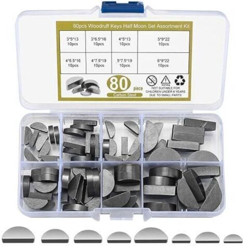 80 Stk Federkeile Sortiment, Halbmond Paßfeder Set, 3-4-5-6 mm Scheibenfeder-Sortiment-Kit, Mitnehmerkeil Satz, Schwungr...