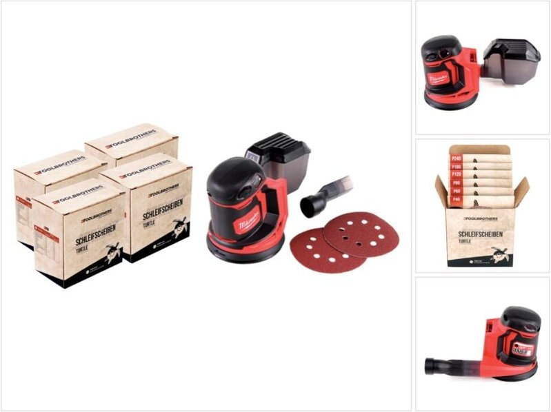 4x Toolbrothers TURTLE Schleifset 125mm + Milwaukee M18 BOS125-0 Akku Exzenterschleifer 18V 125mm Solo - ohne Akku, ohne...