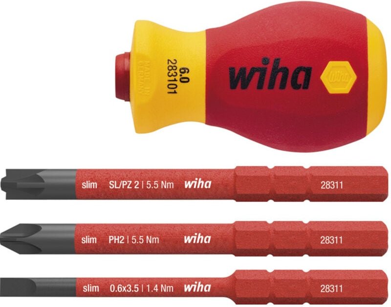 Wiha - Schraubendreher mit Bithalter Set electric slimVario® (41230), 4 tlg., Griff mit Bits vde, Schraubendreher kurz f...