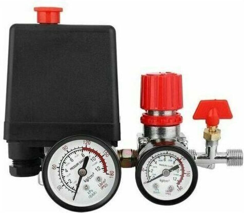 Druckschalter für Luftkompressor mit Manometer, G1/4-Druckschalterventil, 90–120 psi, Metall/Kunststoff