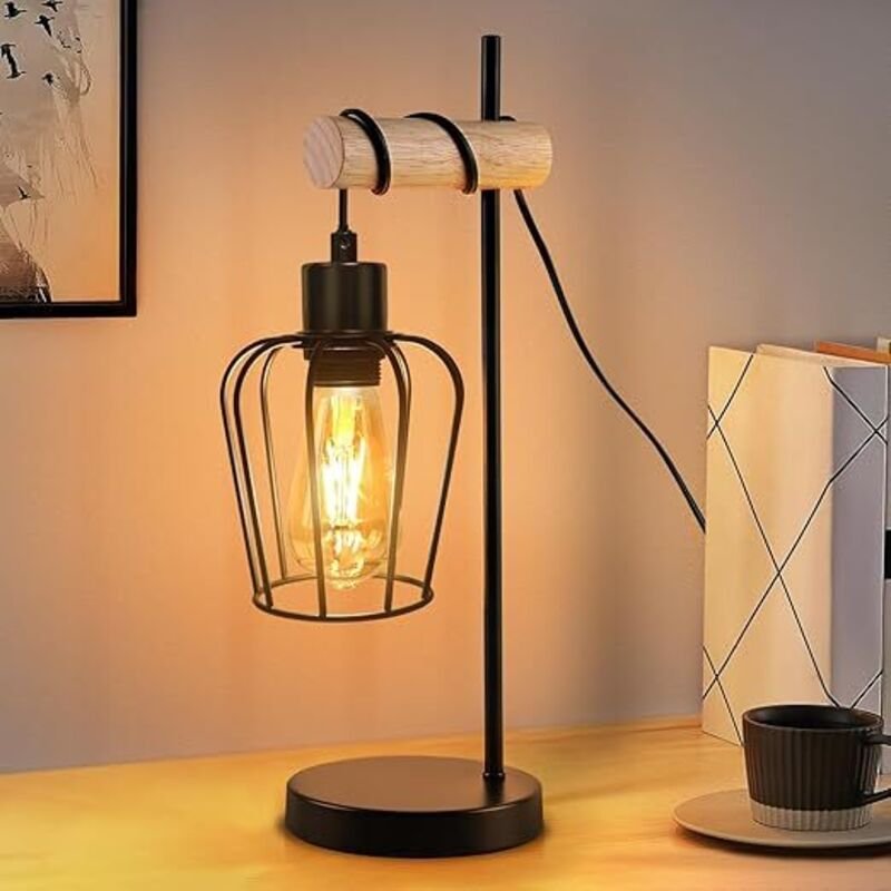Thumbnail - Tischlampe Wohnzimmer Holz Vintage Schwarze Nachttischlampe 1-flammig, im industriellen Design aus Metall E27-Fassung Re...