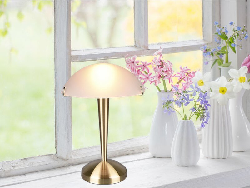 Meinewunschleuchte - led Tischleuchte Messing mit Glasschirm Weiß, touch dimmbar, Höhe 32cm