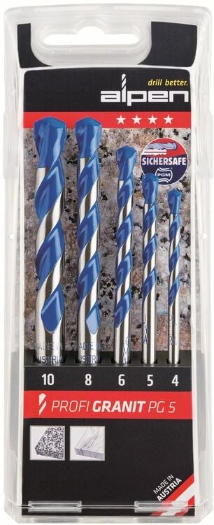 Thumbnail - Alpen - Hartmetall Granitbohrer Set Profi Granit pg 5, 5 tlg, 4 / 6 / 8 / 10 mm