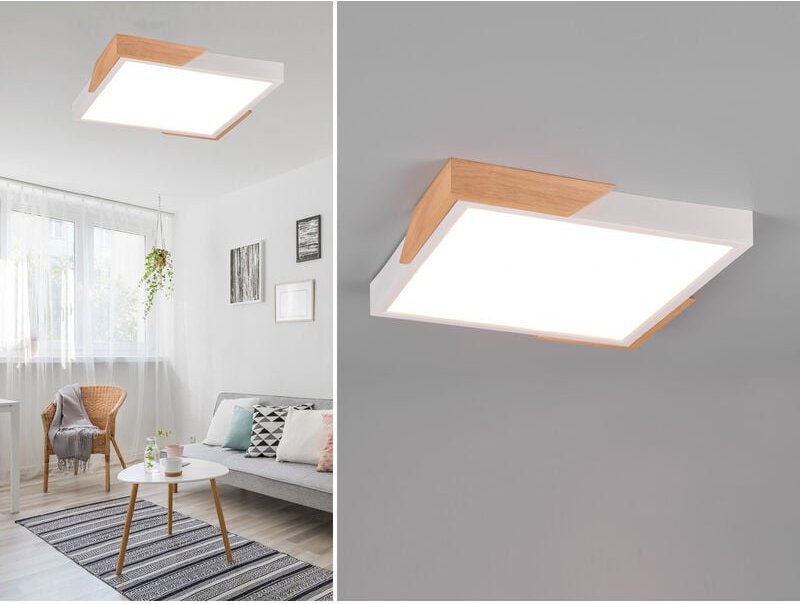 Thumbnail - Trio Lighting - led Deckenleuchte meta eckig Weiß mit Holz, 3 Stufen Dimmer, Quadrat 31cm