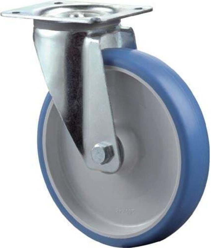 Lenkrolle Rad-Ø 80 mm Tragfähigkeit 100 kg Polyurethan Platte L104xB80 mm Farbe Rolle blau