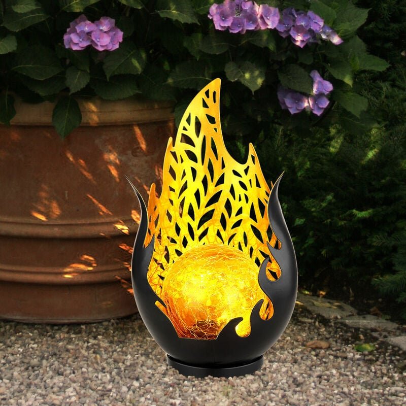 Gartendeko Solarleuchte für Außen Outdoor Balkon Deko schwarz gold Flammenoptik Glaskugel, IP44 Akku Metall Dekorstanzun...