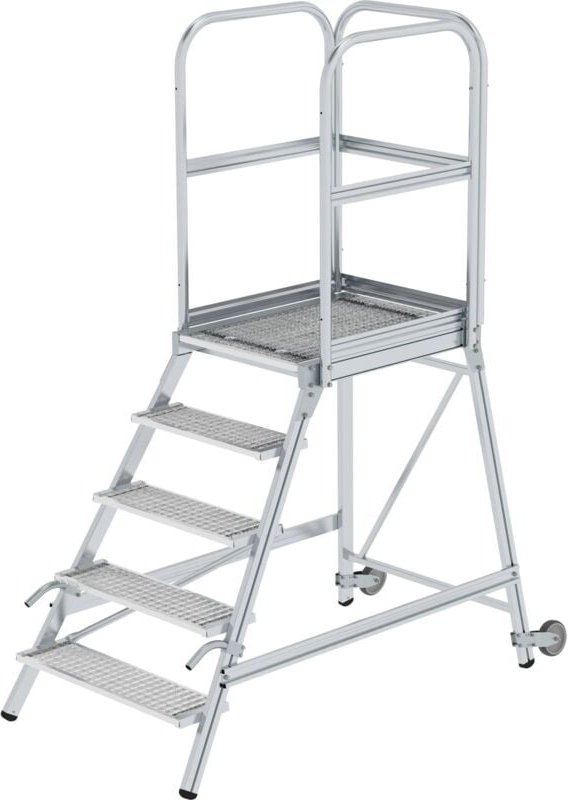 Günzburger Steigtechnik Podesttreppe einseitig begehbar mit Rollen und Griffen Stahl-Gitterrost 5 Stufen - 058105