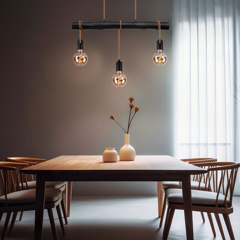 Hängelampe Esstisch Pendelleuchte schwarz Wohnzimmerlampe modern, Holzlampe 3-flammig Seil Höhe anpassbar, Metall, 3x E2...