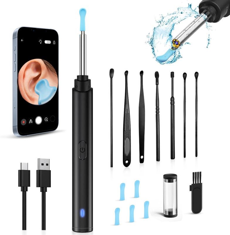 Jalleria - Ohr-Otoskop, 1296P HD-Ohrkamera, Ohrschmalzentfernungs-Ohrkamera-Set mit 6 LED-Leuchten, 3,0-mm-Ohrreinigungs...