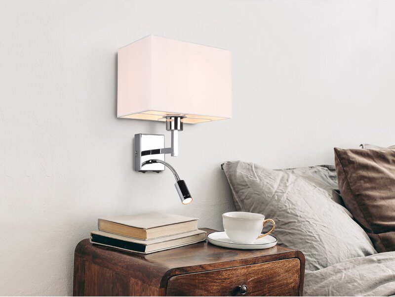 Meinewunschleuchte - Wandleuchte caima mit led Leselampe & Stoffschirm Creme Weiß, Höhe 31cm