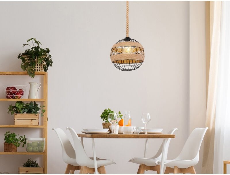 Led Pendelleuchte mit Hanfseil und Drahtkugel Schwarz, ø 30cm