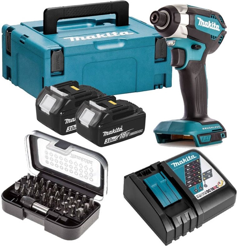 1 Schlagschrauber DTD153Z + 31-teiliges Bit-Set D-30667 + Schnellladegerät DC18RC + 2x BL1830B + Makpac2